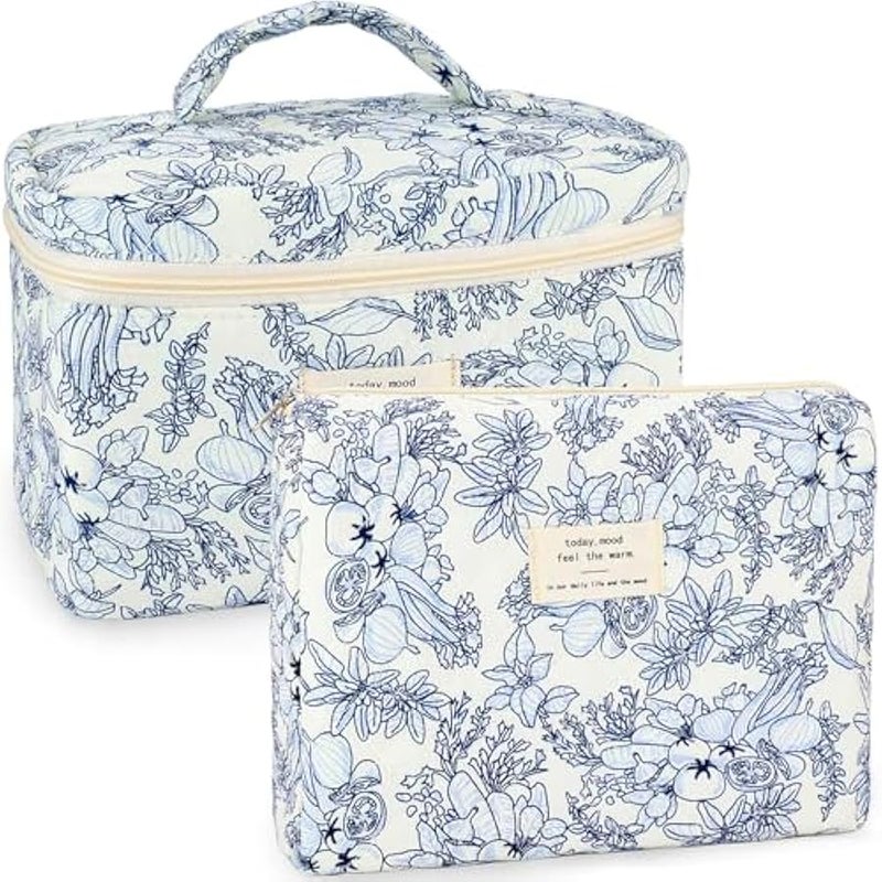 2Pcs Cotton Quilted Makeup Bag for Women Girls Floral Travel Large Small Cosmetic Bag Set Cute Vintage Flower Makeup Pouch Portable Toiletry Bag Organizer Coquette Aesthetic Makeup Brush Bag - Image 1
